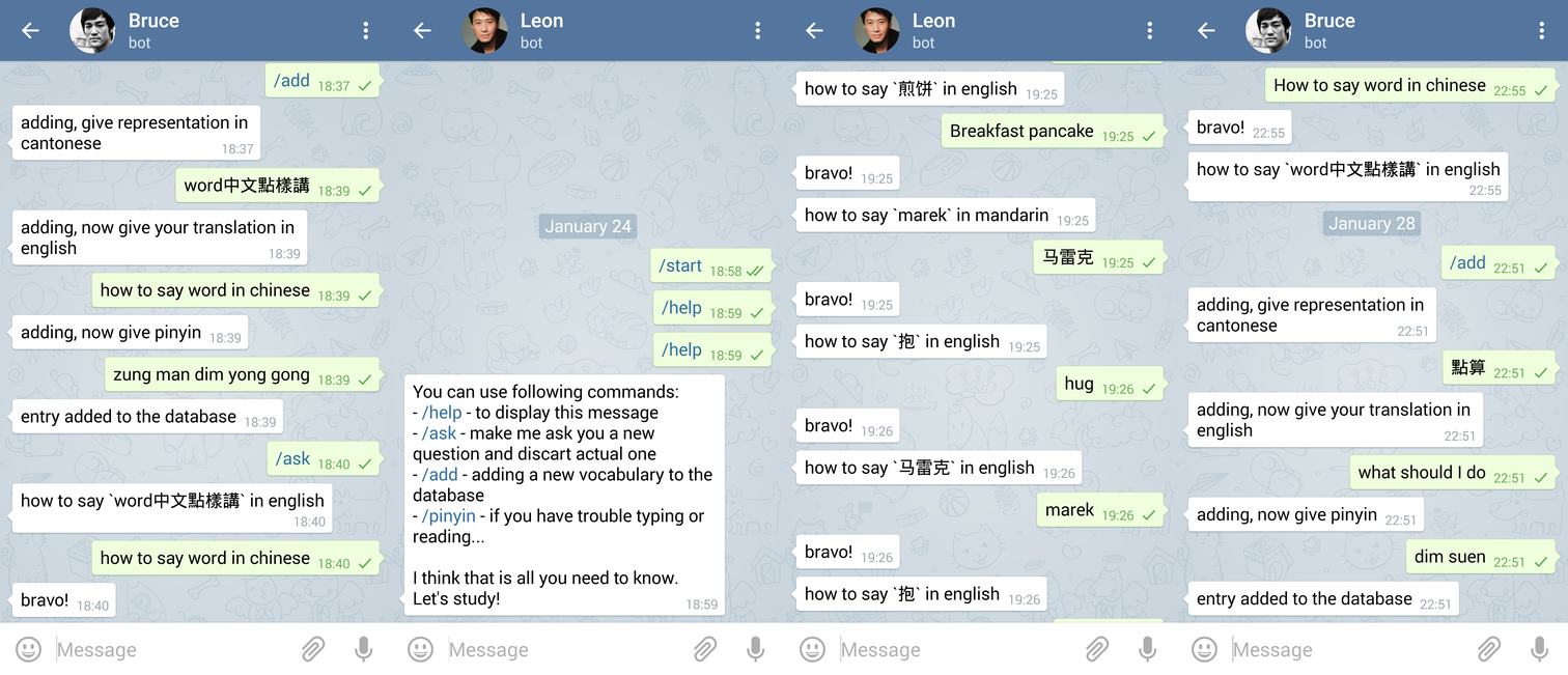 Screenshots of the old Telegram bot for flashcards study